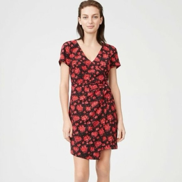 CLUB MONACO - Women’s Black & Red Esquinah Floral Wrap-Style Mini Dress, Size 10 - Picture 1 of 9